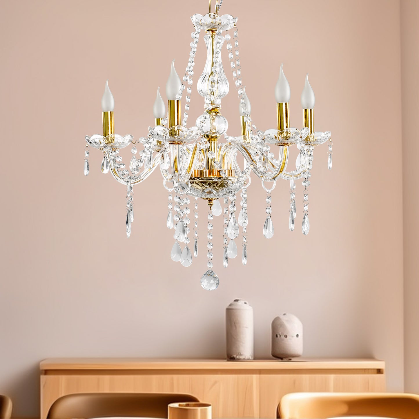 Yansun 6-Light Crystal Ceiling Light Chandelier Candle Style Chain Chandelier Pendant Golden for Bedroom Living Room