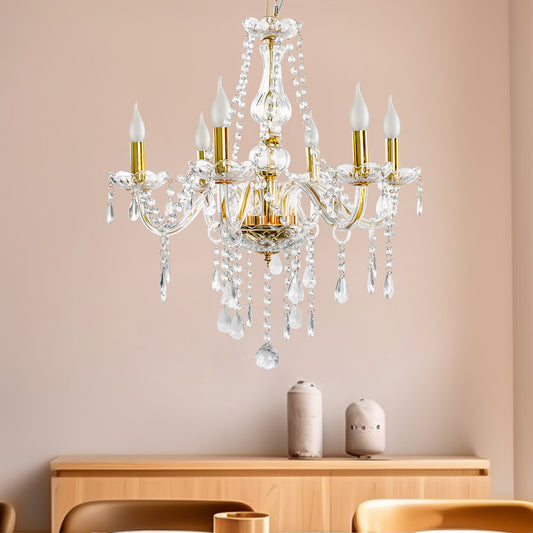 Yansun 6-Light Crystal Ceiling Light Chandelier Candle Style Chain Chandelier Pendant Golden for Bedroom Living Room