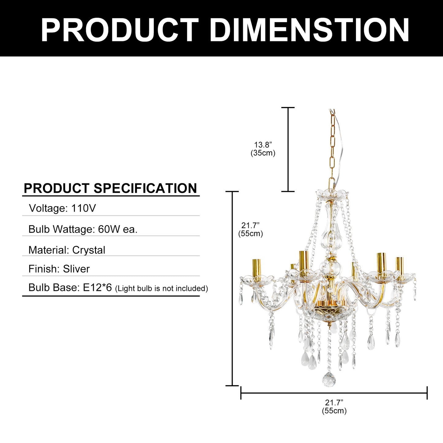 Yansun 6-Light Crystal Ceiling Light Chandelier Candle Style Chain Chandelier Pendant Golden for Bedroom Living Room