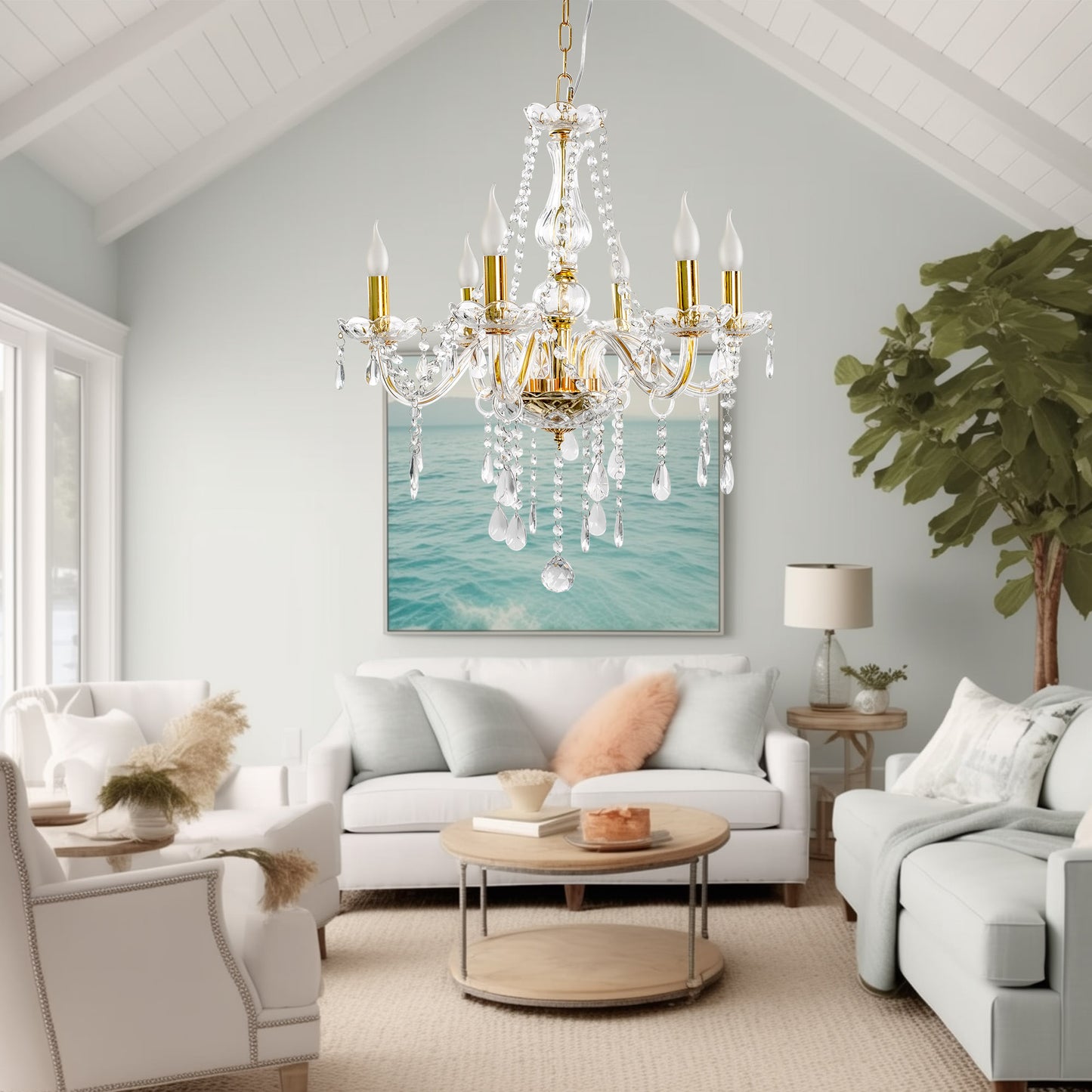 Yansun 6-Light Crystal Ceiling Light Chandelier Candle Style Chain Chandelier Pendant Golden for Bedroom Living Room