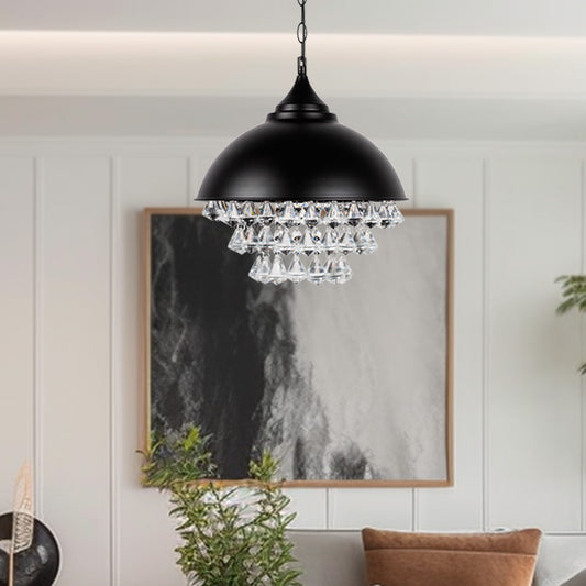 1-Light Crystal Black Metal Dome Industrial Pendant Light Modern Rustic Chandelier for Kitchen Foyer Hallway