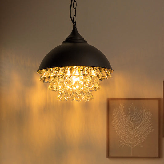 1-Light Crystal Black Metal Dome Industrial Pendant Light Modern Rustic Chandelier for Kitchen Foyer Hallway