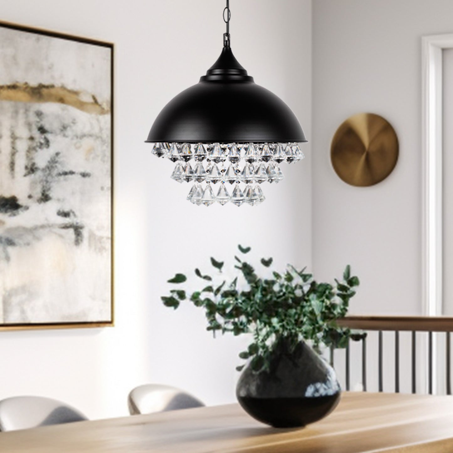 1-Light Crystal Black Metal Dome Industrial Pendant Light Modern Rustic Chandelier for Kitchen Foyer Hallway