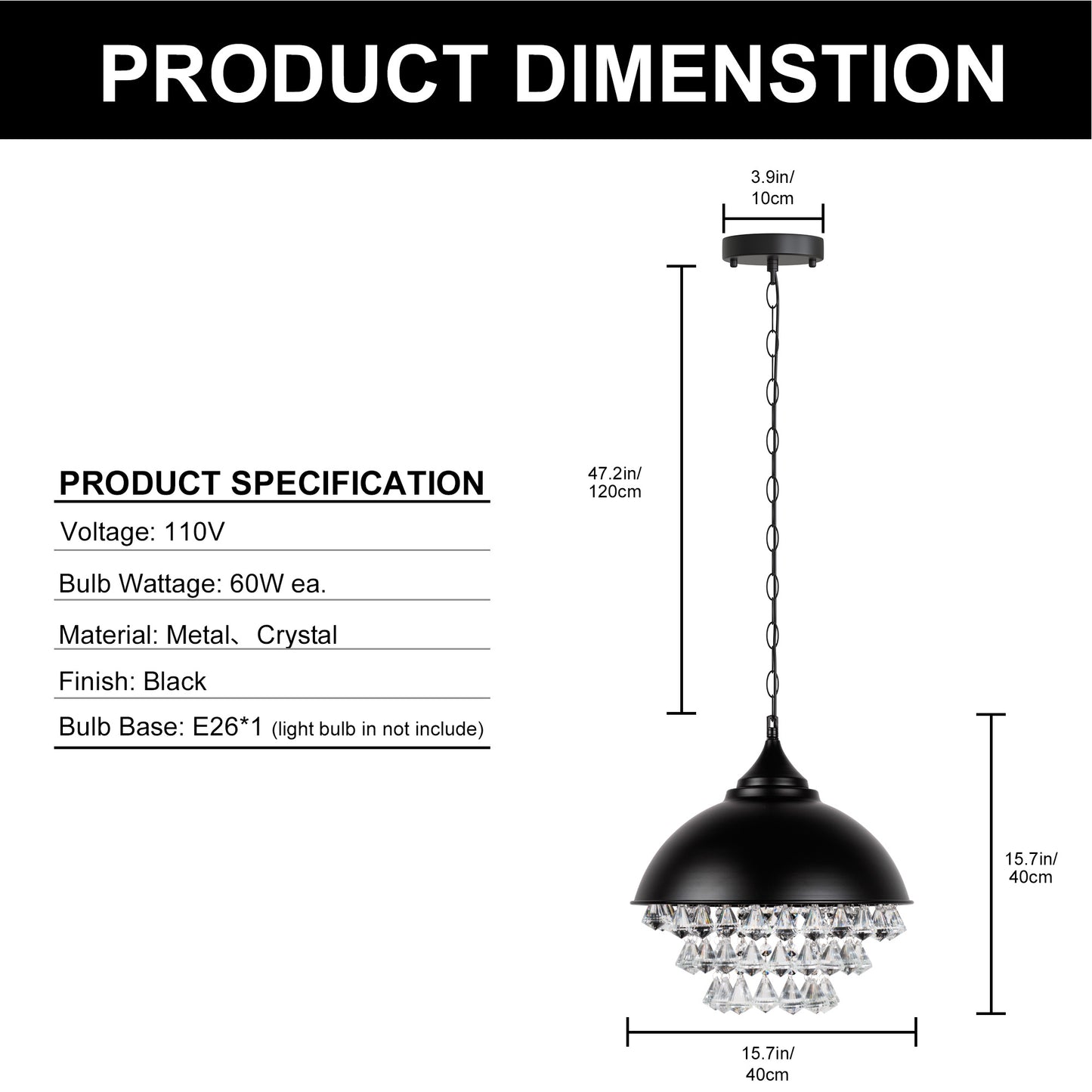 1-Light Crystal Black Metal Dome Industrial Pendant Light Modern Rustic Chandelier for Kitchen Foyer Hallway