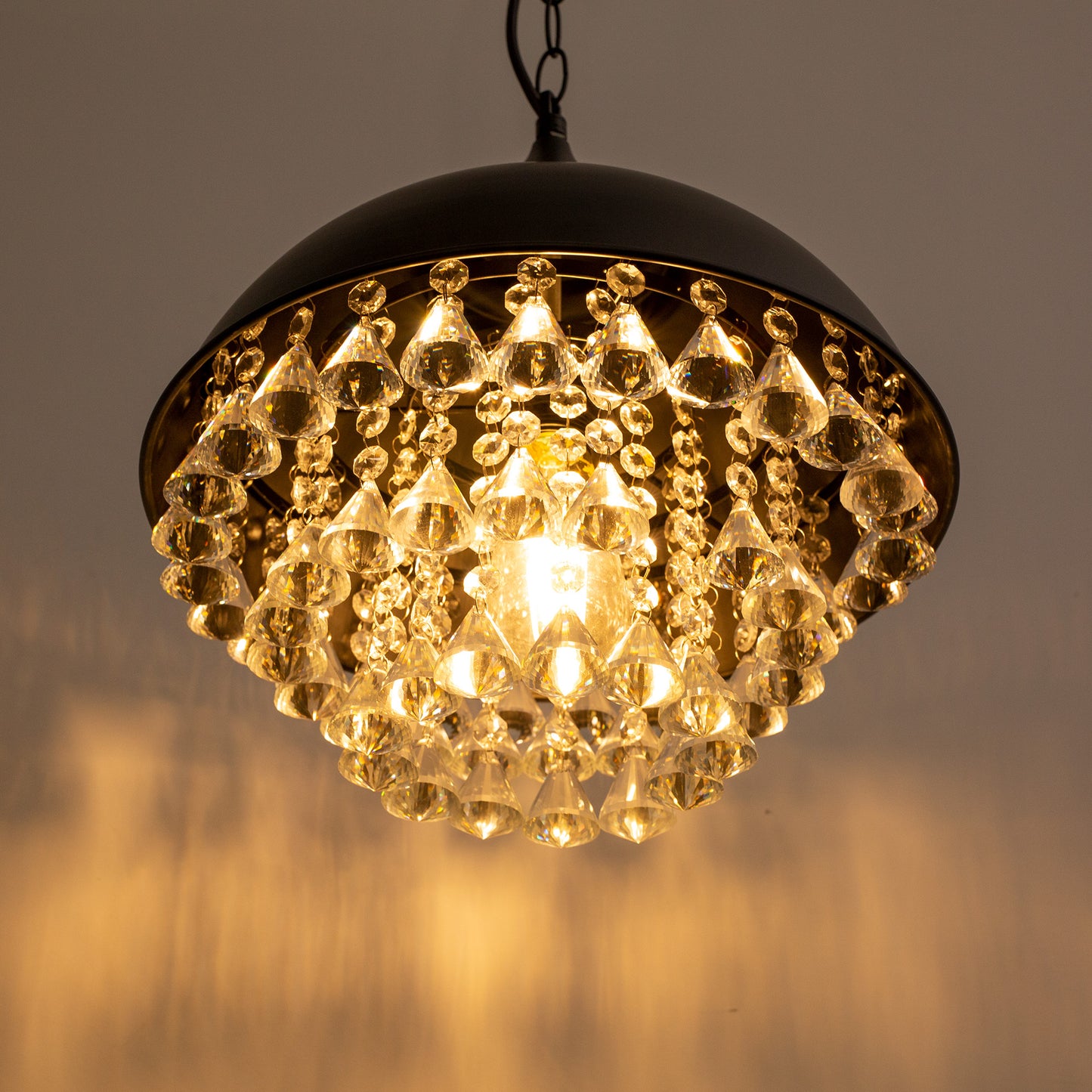 1-Light Crystal Black Metal Dome Industrial Pendant Light Modern Rustic Chandelier for Kitchen Foyer Hallway