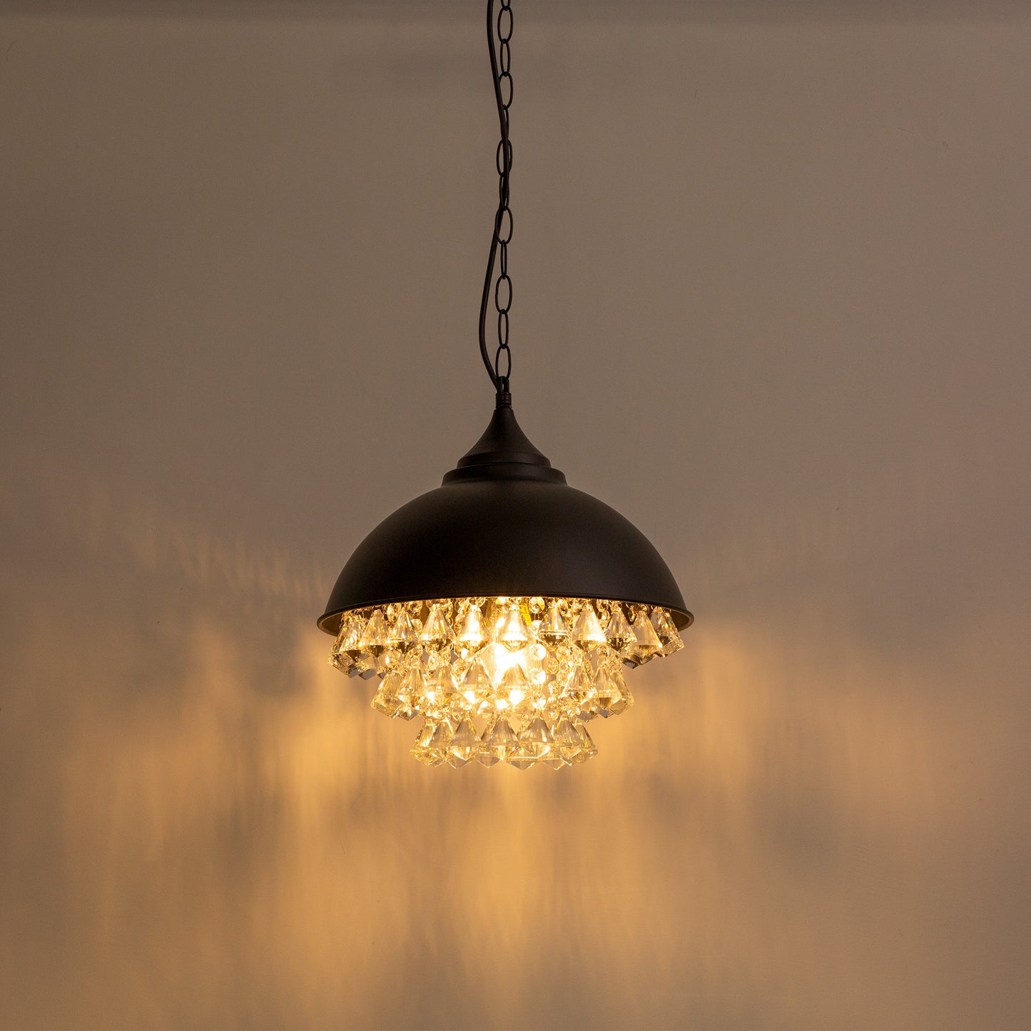 1-Light Crystal Black Metal Dome Industrial Pendant Light Modern Rustic Chandelier for Kitchen Foyer Hallway