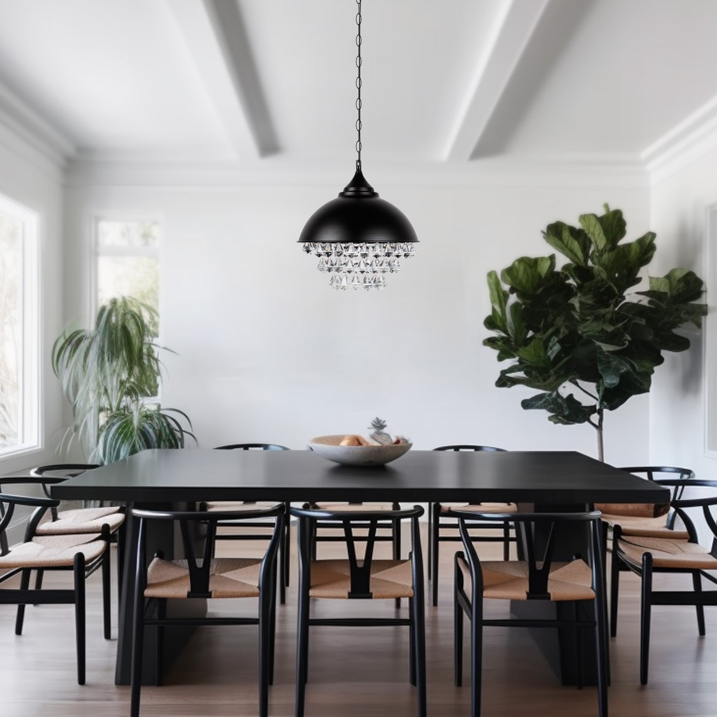 1-Light Crystal Black Metal Dome Industrial Pendant Light Modern Rustic Chandelier for Kitchen Foyer Hallway