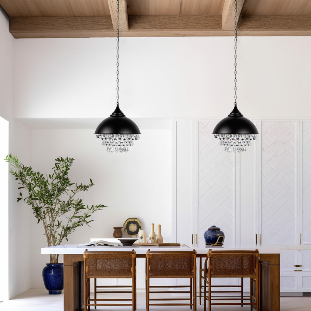 1-Light Crystal Black Metal Dome Industrial Pendant Light Modern Rustic Chandelier for Kitchen Foyer Hallway