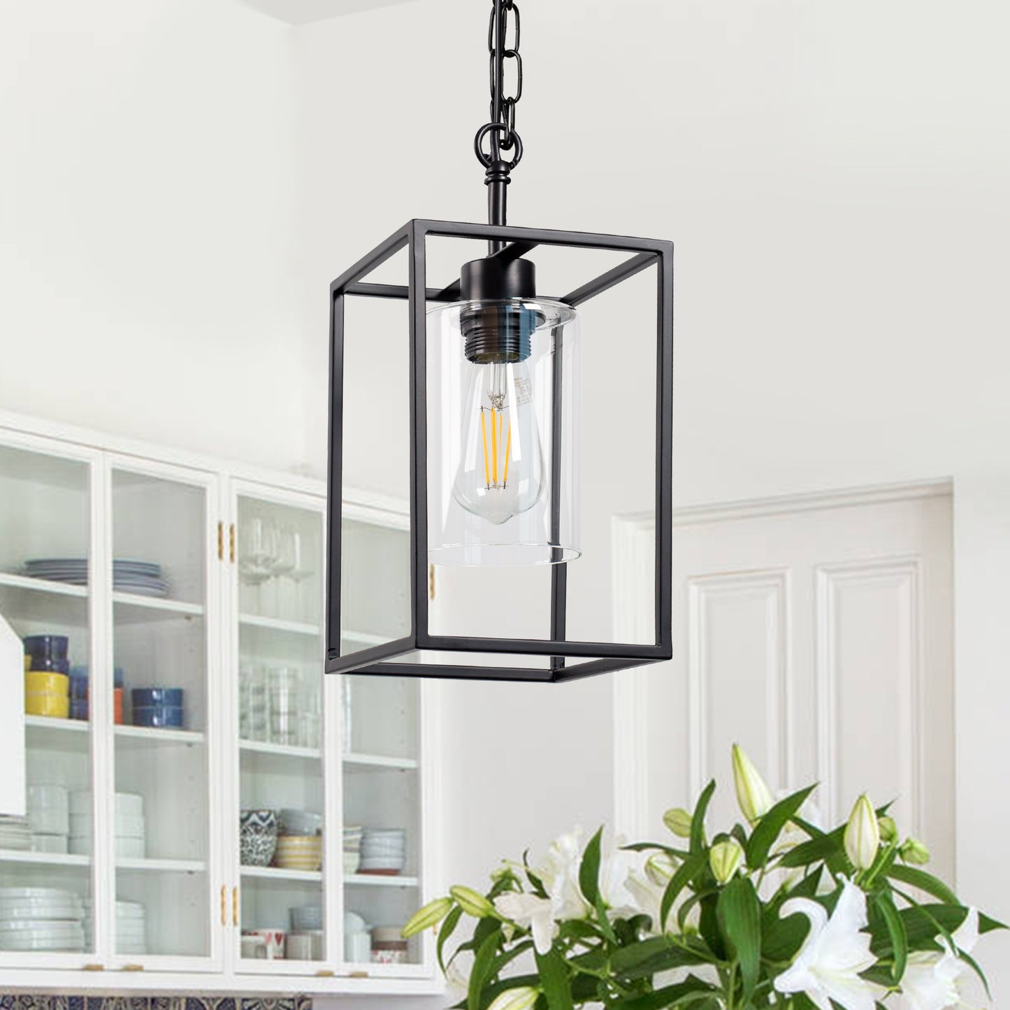 1-Light Black Kitchen Island Pendant Lighting with Glass Shade, Hanging Lighting for Living Room, Restaurant, Hallway