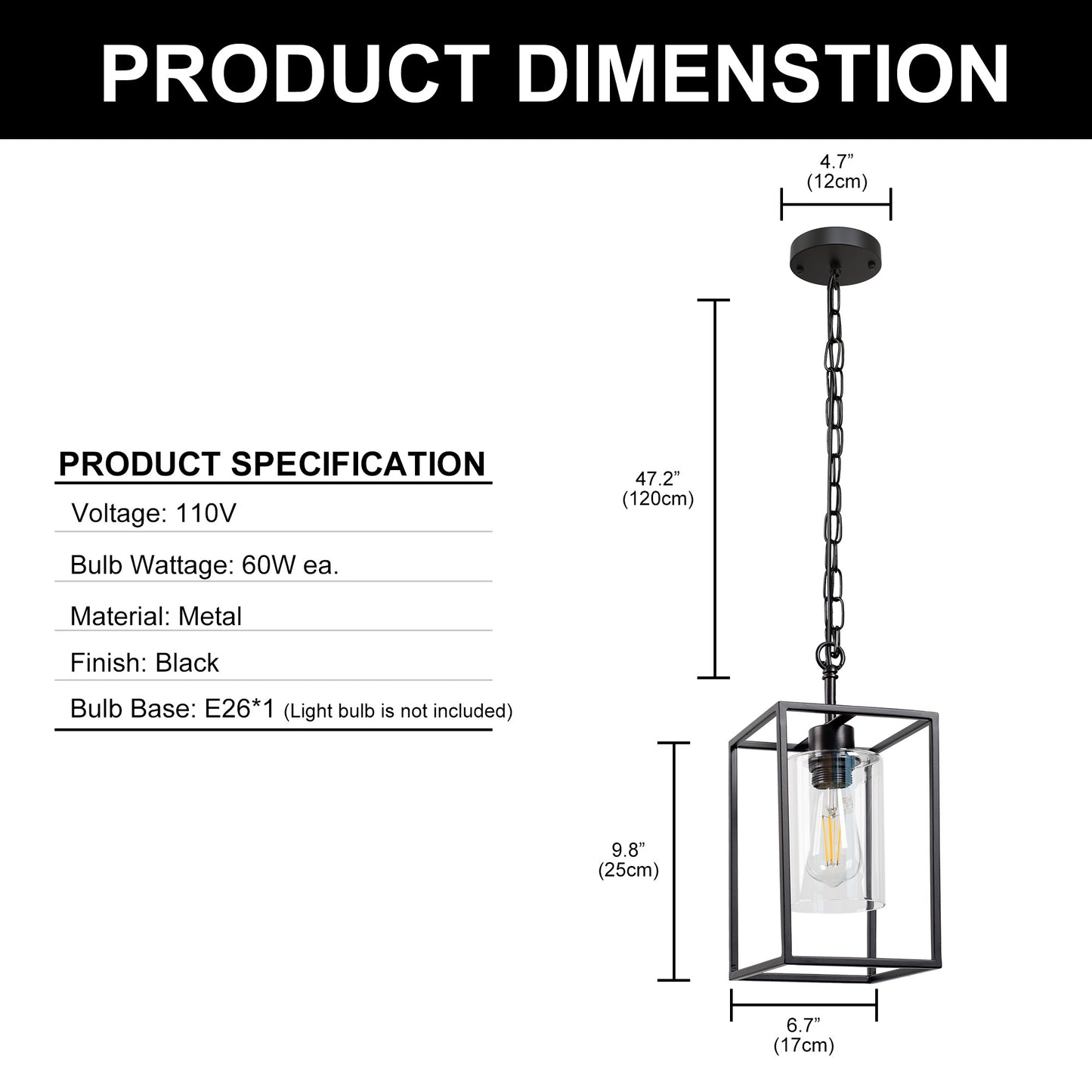 1-Light Black Kitchen Island Pendant Lighting with Glass Shade, Hanging Lighting for Living Room, Restaurant, Hallway