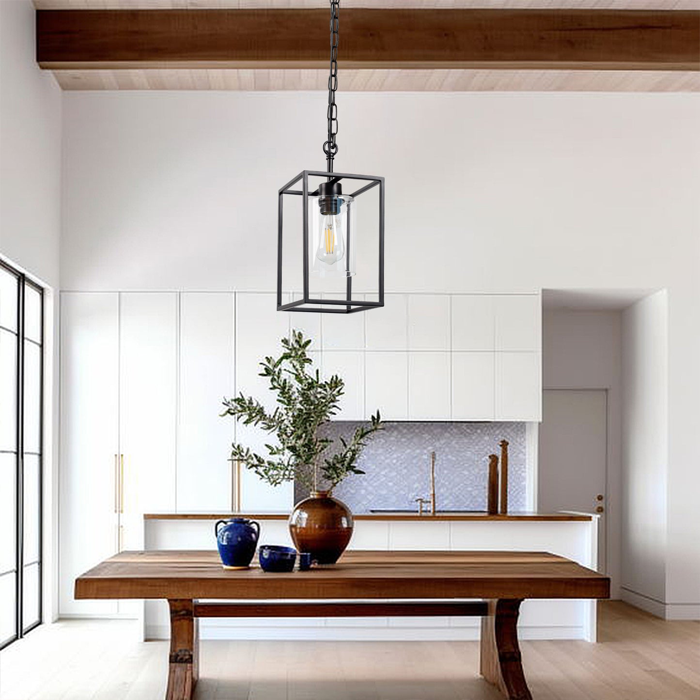 1-Light Black Kitchen Island Pendant Lighting with Glass Shade, Hanging Lighting for Living Room, Restaurant, Hallway