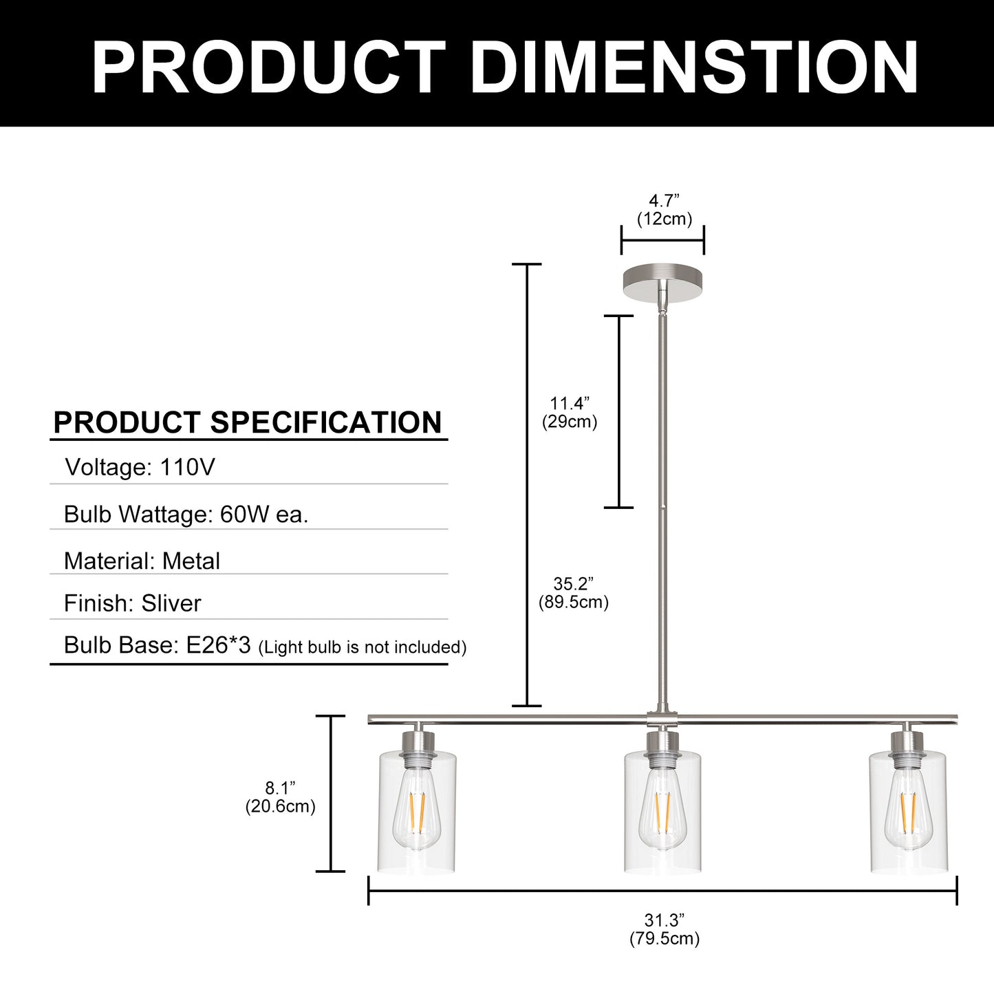 3-Light Island Pendant With Clear Glass Shades,Pendant Lighting for Dining Room Ceiling Light, Brushed Nickel Finish with Clear Glass,Sliver