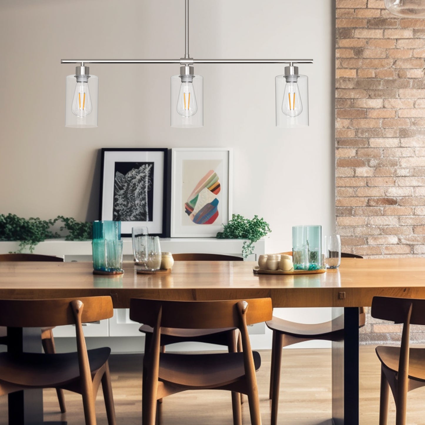 3-Light Island Pendant With Clear Glass Shades,Pendant Lighting for Dining Room Ceiling Light, Brushed Nickel Finish with Clear Glass,Sliver