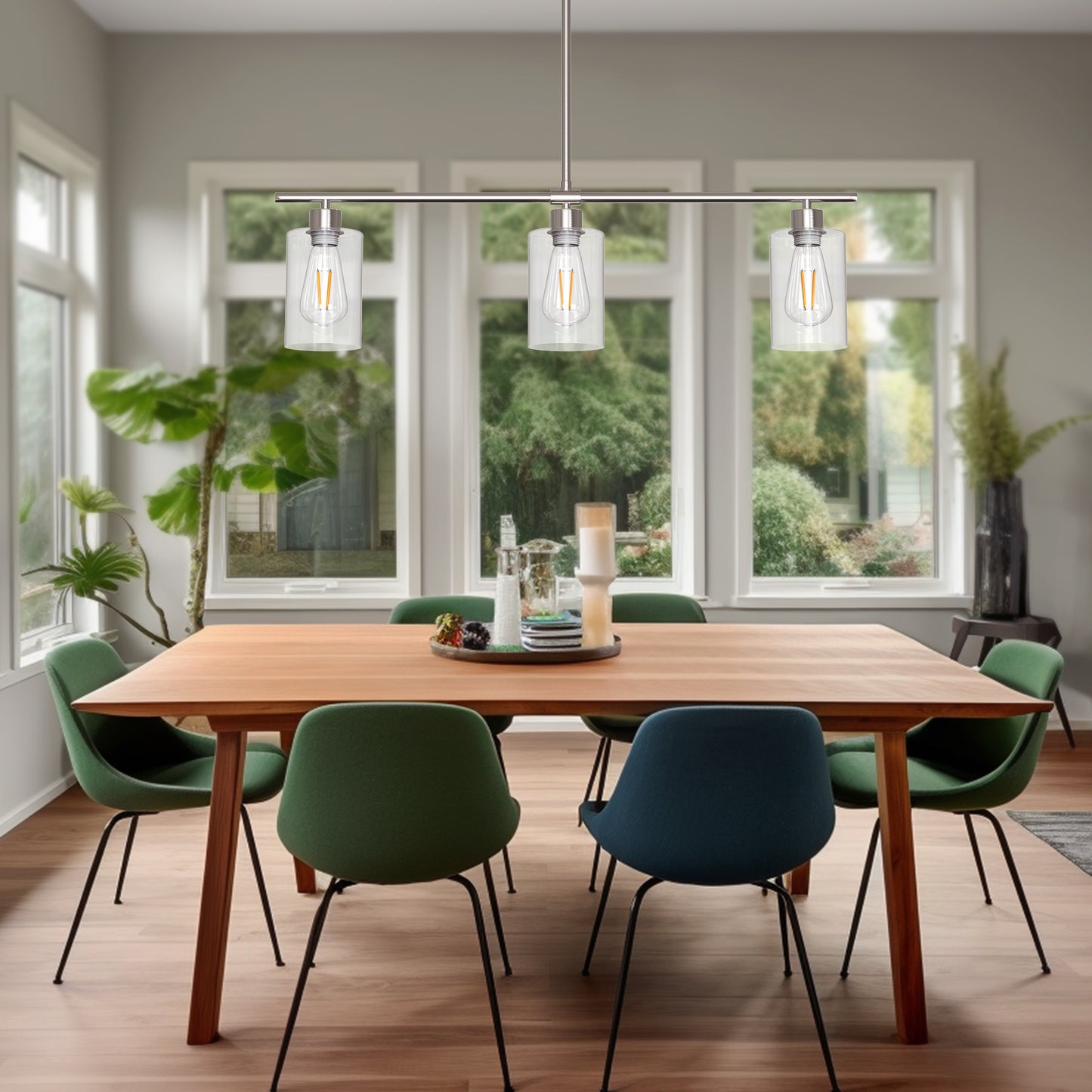 3-Light Island Pendant With Clear Glass Shades,Pendant Lighting for Dining Room Ceiling Light, Brushed Nickel Finish with Clear Glass,Sliver