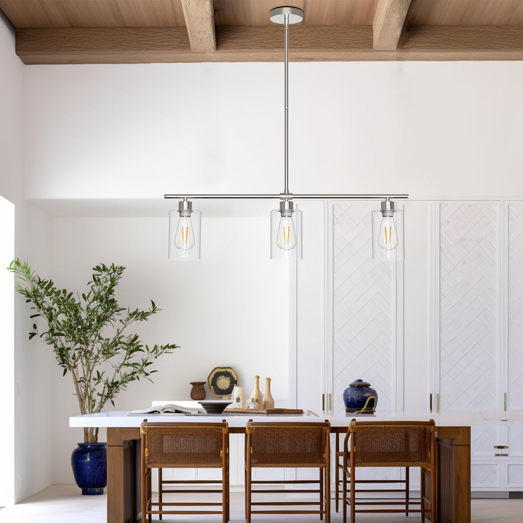 3-Light Island Pendant With Clear Glass Shades,Pendant Lighting for Dining Room Ceiling Light, Brushed Nickel Finish with Clear Glass,Sliver