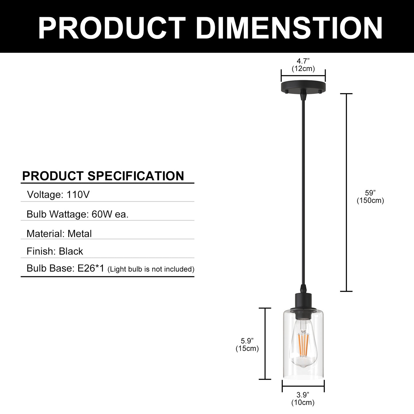 1-Light Modern Matte Black Island Pendant Light Rustic Farmhouse Industrial Hanging Light for Kitchen Dining 2 Pack
