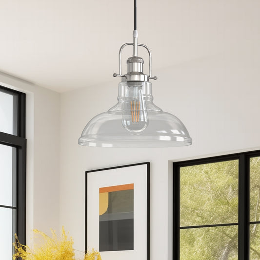 1-Light Brushed Nickel Modern Farmhouse Semi Flush Mount Pendant Light with Clear Glass Shaded