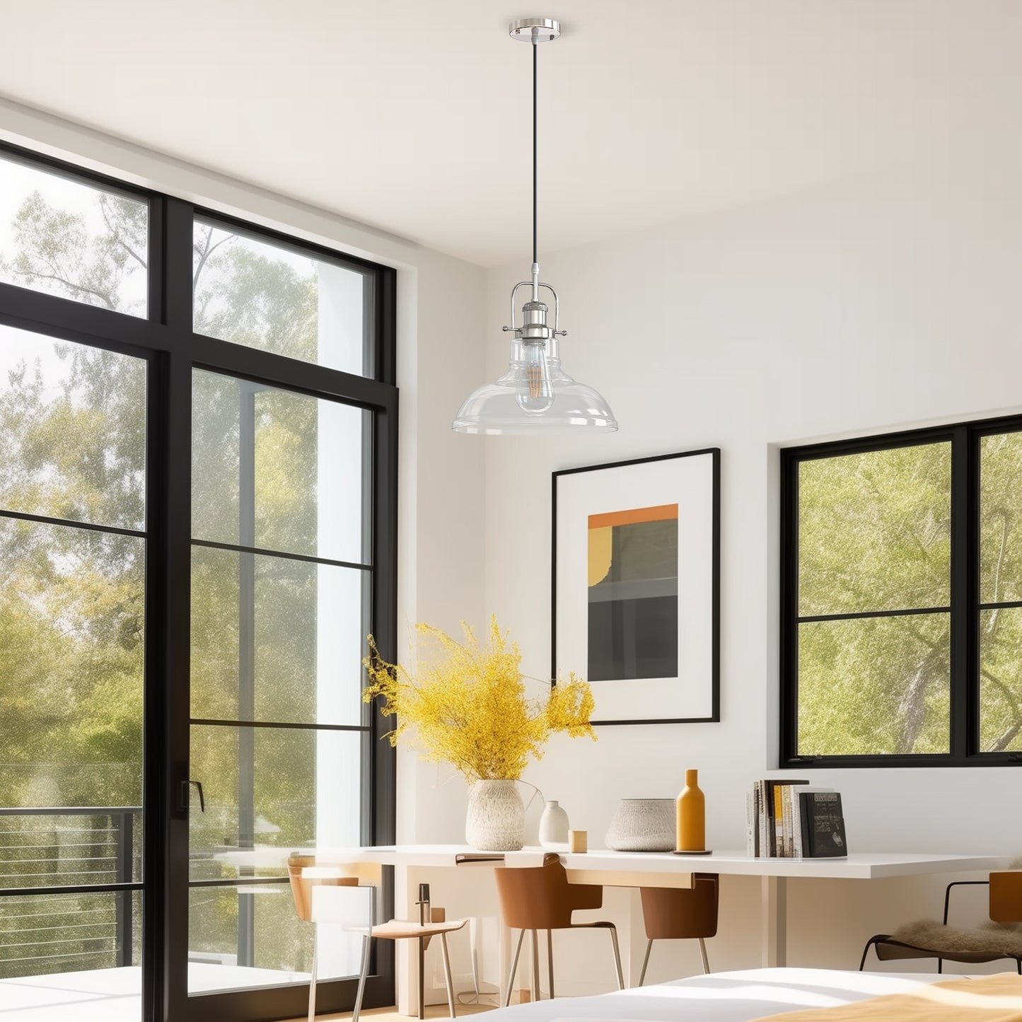 1-Light Brushed Nickel Modern Farmhouse Semi Flush Mount Pendant Light with Clear Glass Shaded