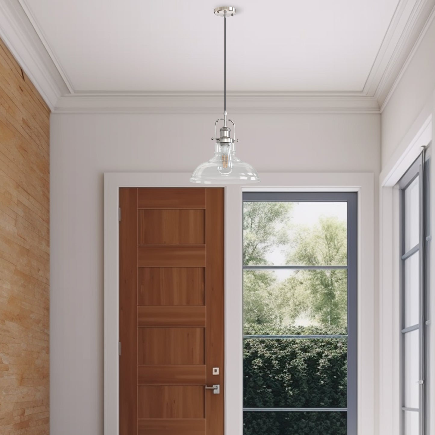 1-Light Brushed Nickel Modern Farmhouse Semi Flush Mount Pendant Light with Clear Glass Shaded