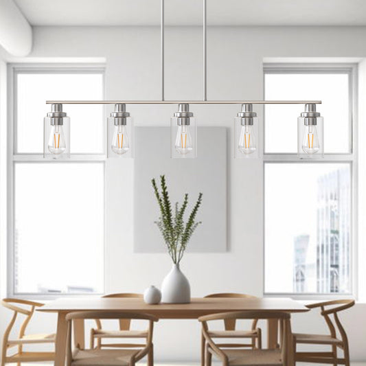5-Light Brushed Nickel Modern Kitchen Island Pendant Lighting with Clear Glass Shade, Hanging Light for Dining Room