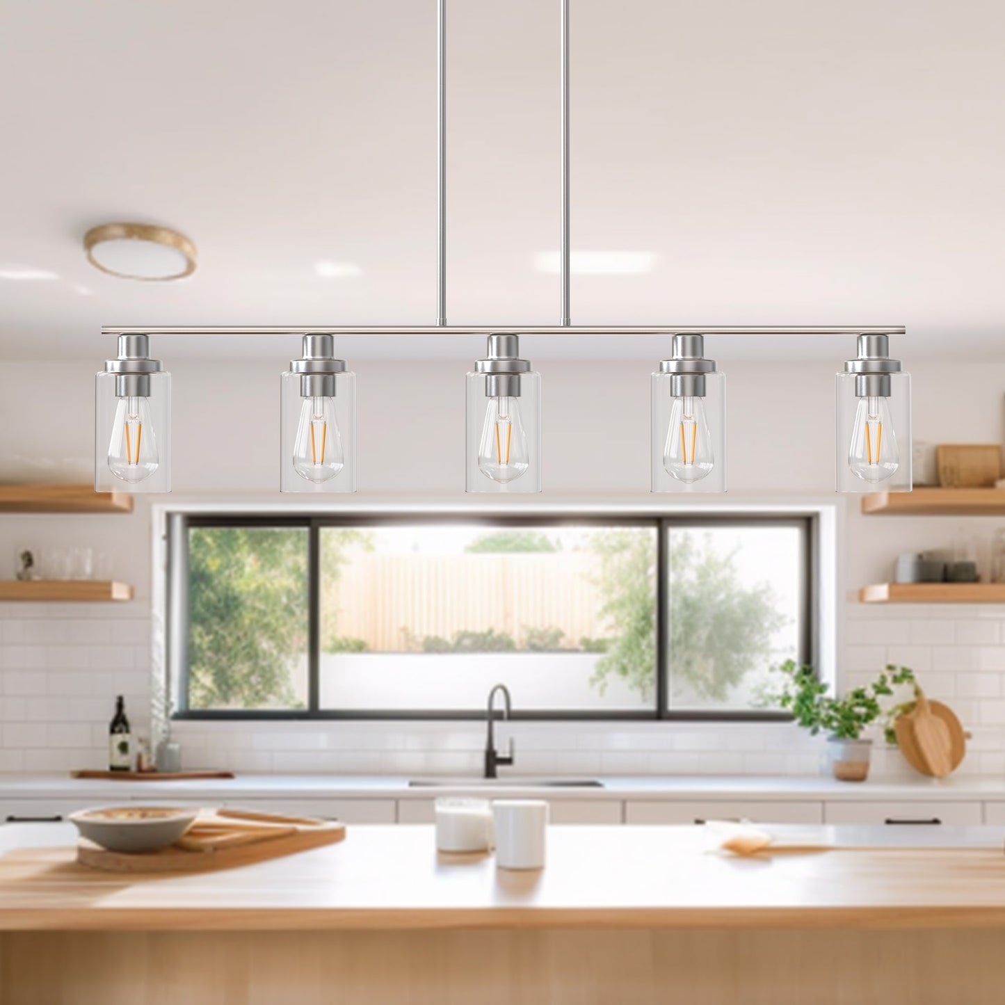 5-Light Brushed Nickel Modern Kitchen Island Pendant Lighting with Clear Glass Shade, Hanging Light for Dining Room