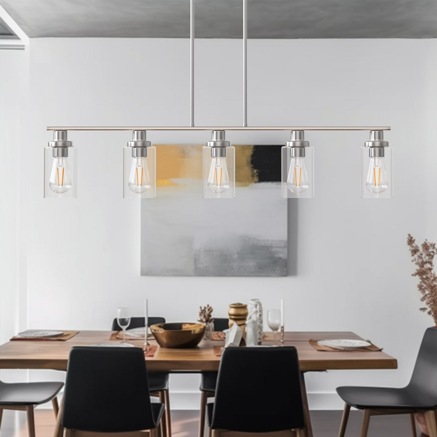5-Light Brushed Nickel Modern Kitchen Island Pendant Lighting with Clear Glass Shade, Hanging Light for Dining Room