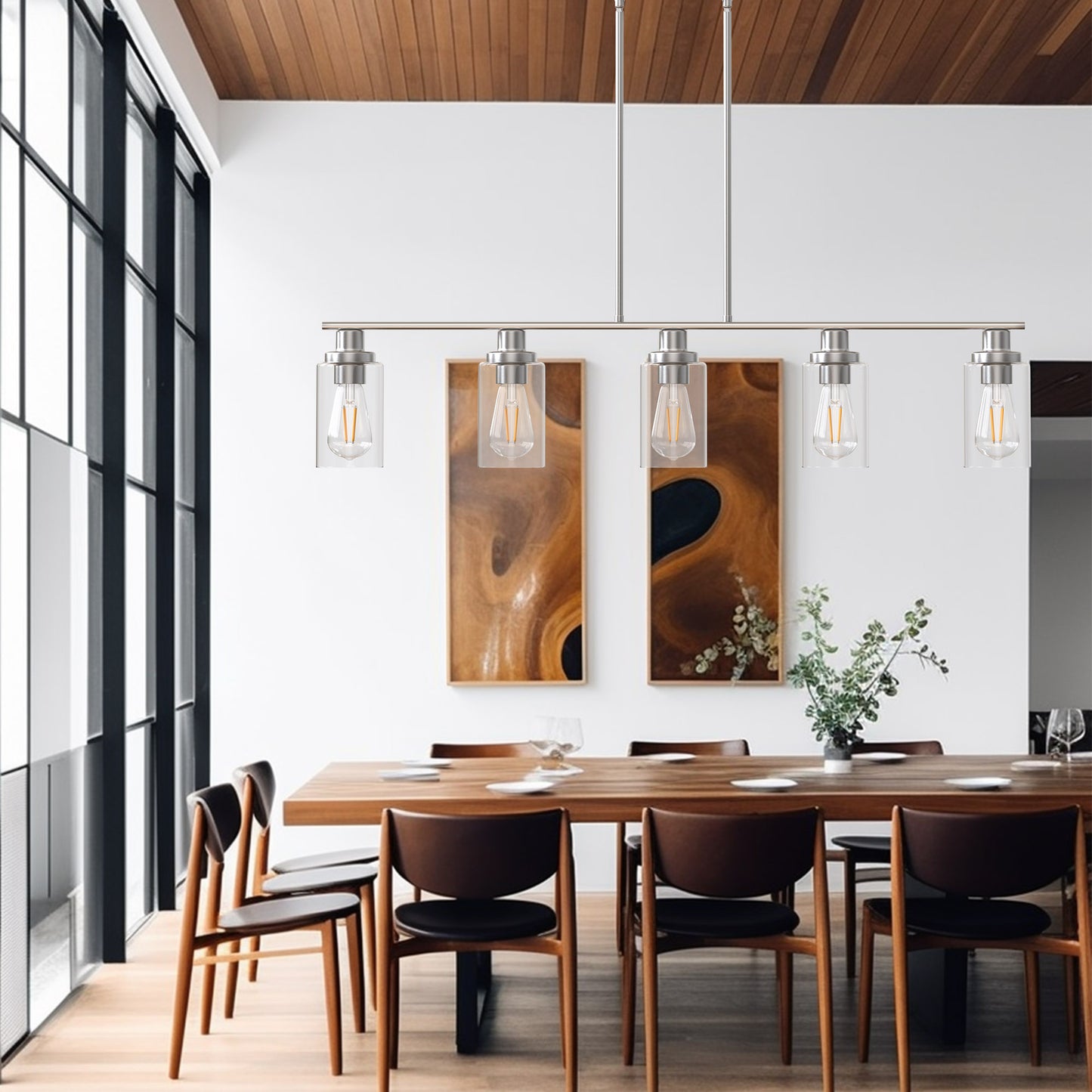 5-Light Brushed Nickel Modern Kitchen Island Pendant Lighting with Clear Glass Shade, Hanging Light for Dining Room