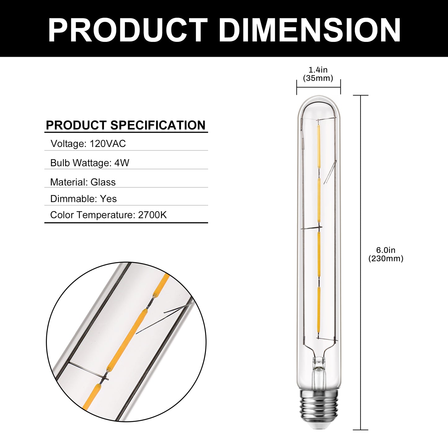 T30 LED Tubular Bulb,Vintage Filament Design, 4W (40W Equivalent), Warm White 2700K, Dimmable, E26 Base, (4-Pack)