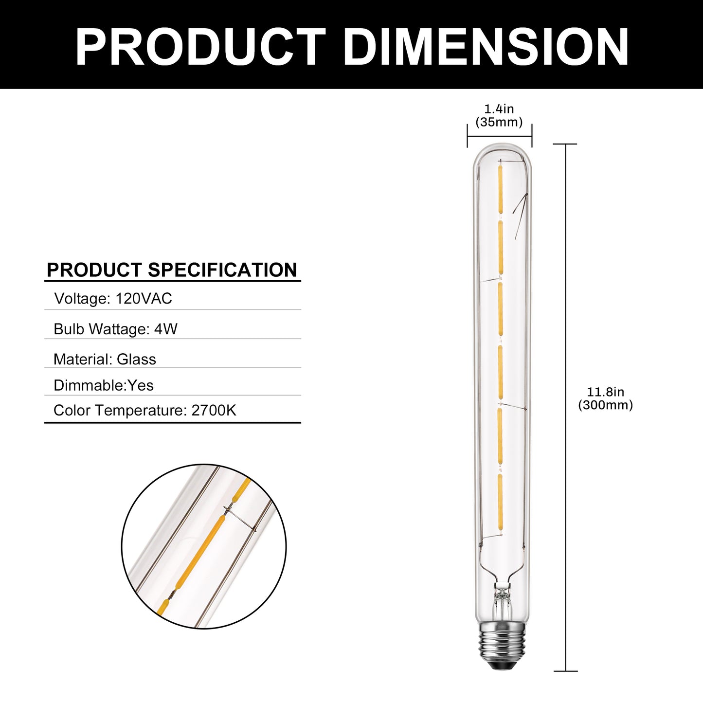 Edison T30 LED Tubular Bulb,Vintage Filament Design, 6W (60W Equivalent), Warm White 2700K, Dimmable, E26 Base, 2 Pack