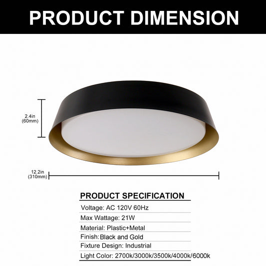 12in. Black and Gold Flush Mount Ceiling Light, 21W 1250LM LED Ceiling Light Fixture 5CCT Dimmable for Bedroom Hallway