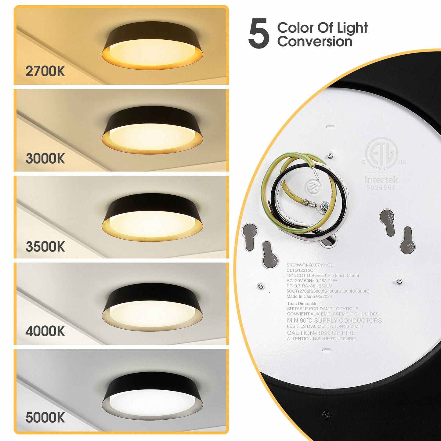 12in. Black and Gold Flush Mount Ceiling Light, 21W 1250LM LED Ceiling Light Fixture 5CCT Dimmable for Bedroom Hallway