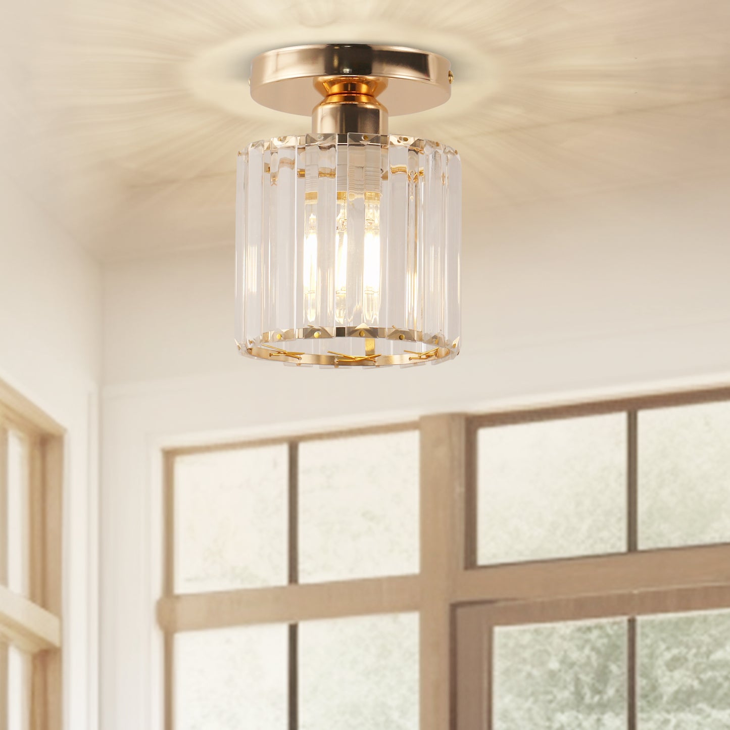 5 in.1-Light Gold Crystal Cylinder Semi Flush Mount Ceiling Light for Foyer Closet Entryway Kitchen Bedroom Dining Room