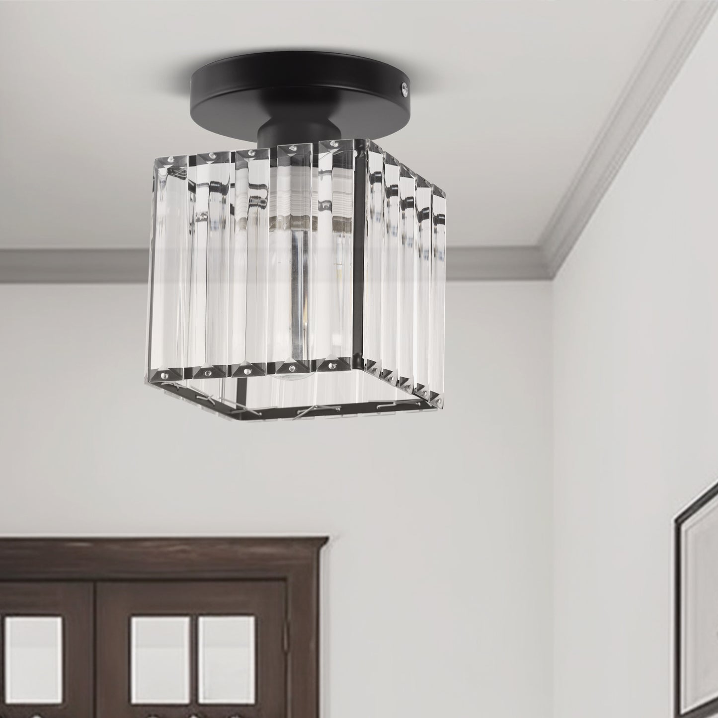 5.5 in.1-Light Black Square Crystal Semi Flush Mount Ceiling Light for Foyer Closet Entryway Kitchen Bedroom Dining Room