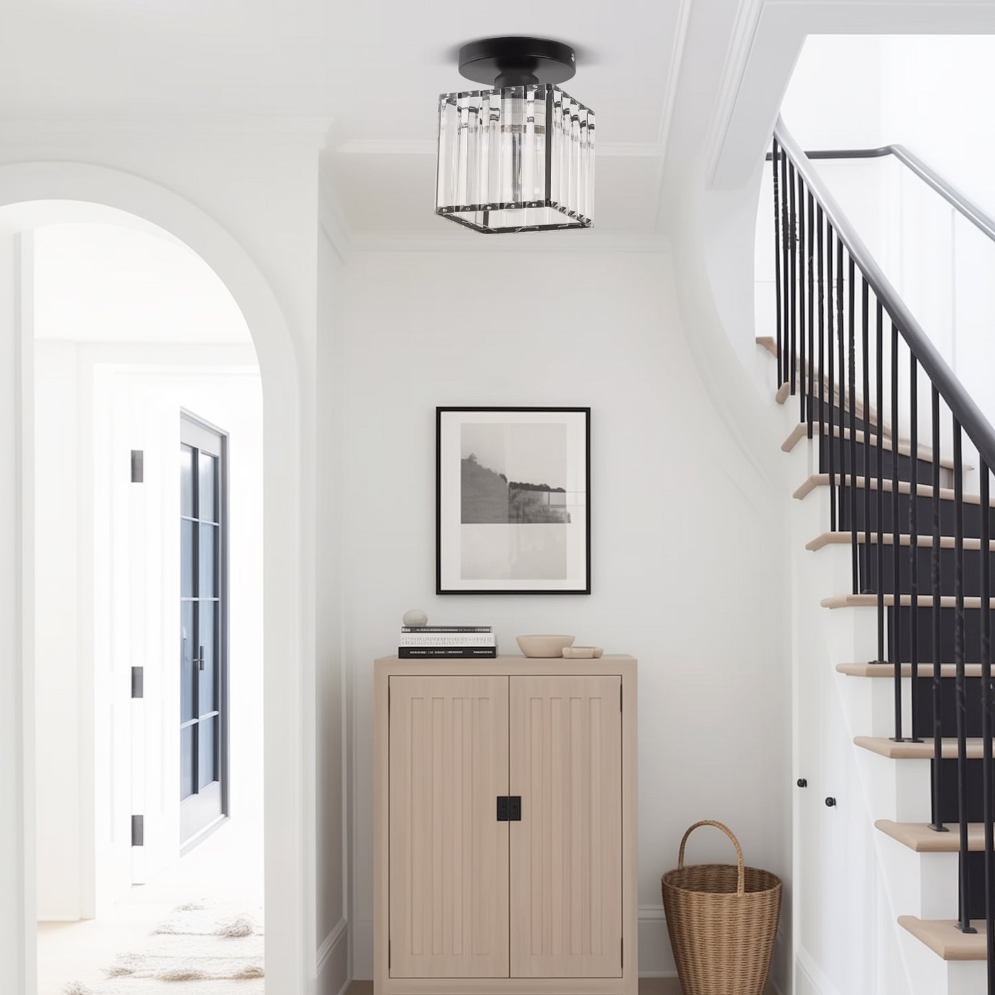 5.5 in.1-Light Black Square Crystal Semi Flush Mount Ceiling Light for Foyer Closet Entryway Kitchen Bedroom Dining Room
