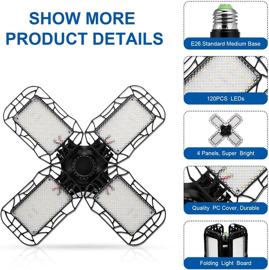 80-Watt Black Deformable LED Adjustable Garage Light Semi-Flush Mount Lighting, 4-Leaf 6000K Daylight White (4-Pack)