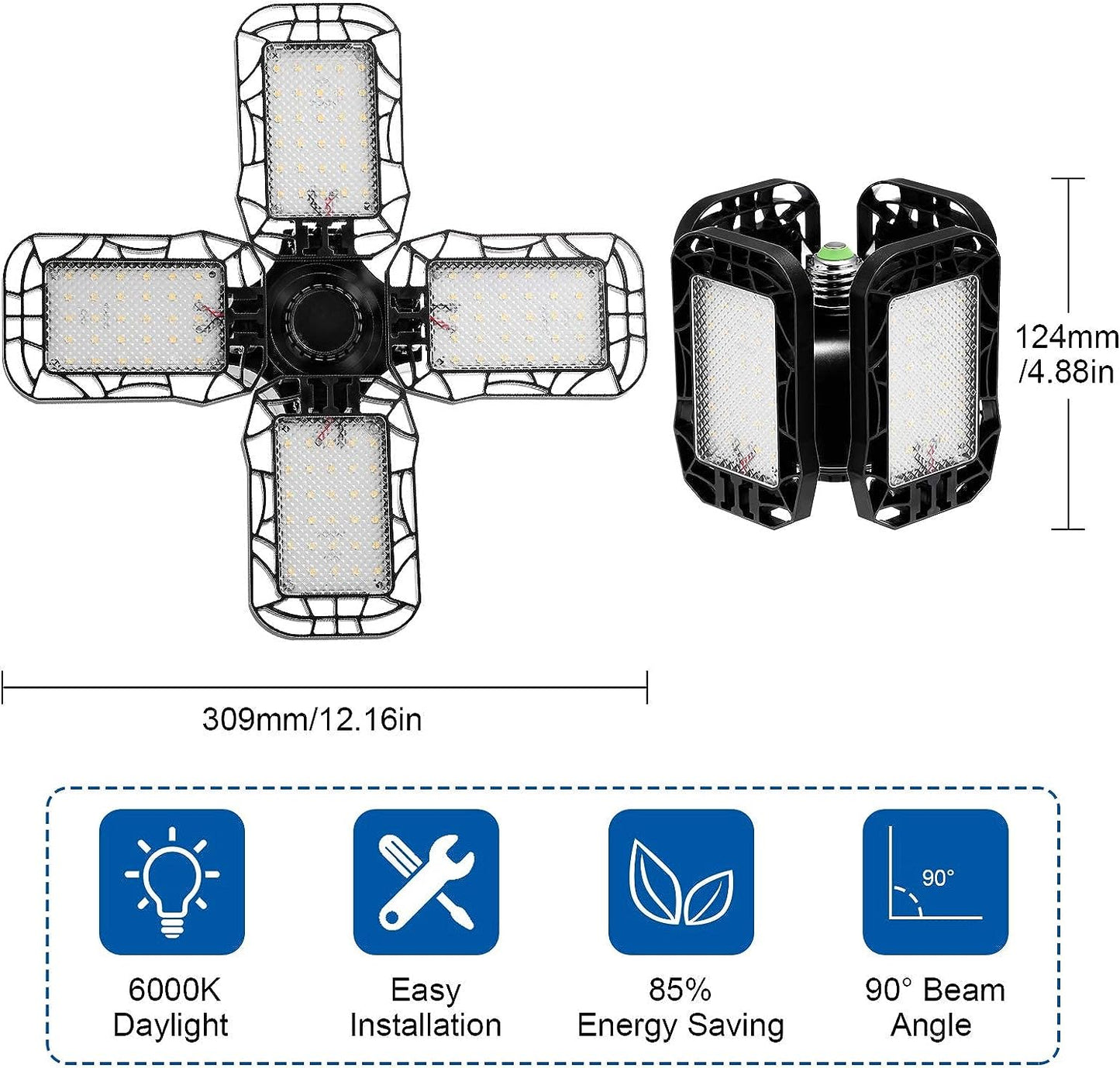80-Watt Black Deformable LED Adjustable Garage Light Semi-Flush Mount Lighting, 4-Leaf 6000K Daylight White (4-Pack)