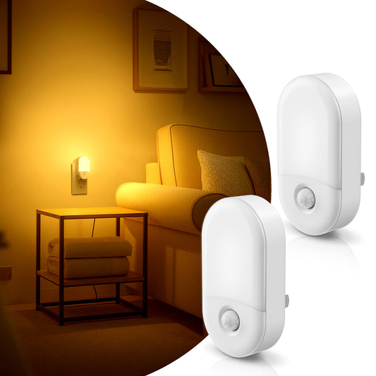 YANSUN 0.6-Watt Plug-In Motion Sensor Night Light with Amber 2000K Soft Glow, Adjustable Brightness, White Shell, 2-Pack