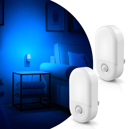 YANSUN 0.6W Plug-In Motion Sensor Night Light with Blue Glow and Dual Brightness Level,White Housing, 2-Pack