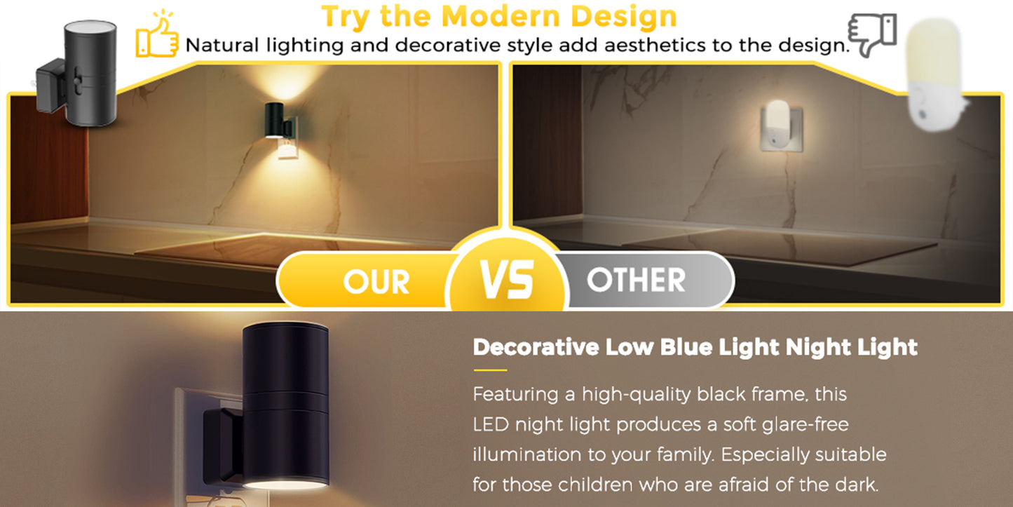 Dimmable Night Lights Plug into Wall, 3000K Soft White, Adjustable Brightness, Auto On/Off, 2-Pack for Bedroom, Hallway