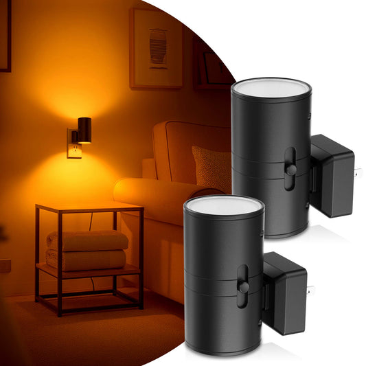 YANSUN 2-Pack 1W Light-Control Plug-In Night Lights, Black Cylinder Wall Lamp, Amber 2000K
