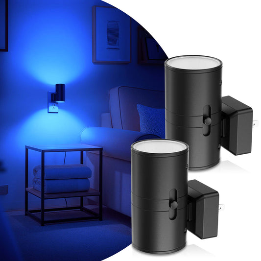 YANSUN 2-Pack 1W Light-Control Plug-In Night Lights, Black Cylinder Wall Lamp Design, Blue Light with White Diffuser