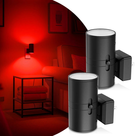 YANSUN 2-Pack 1W Light-Control Plug-In Night Lights, Black Cylinder Wall Lamp, Red Light with White Diffuser