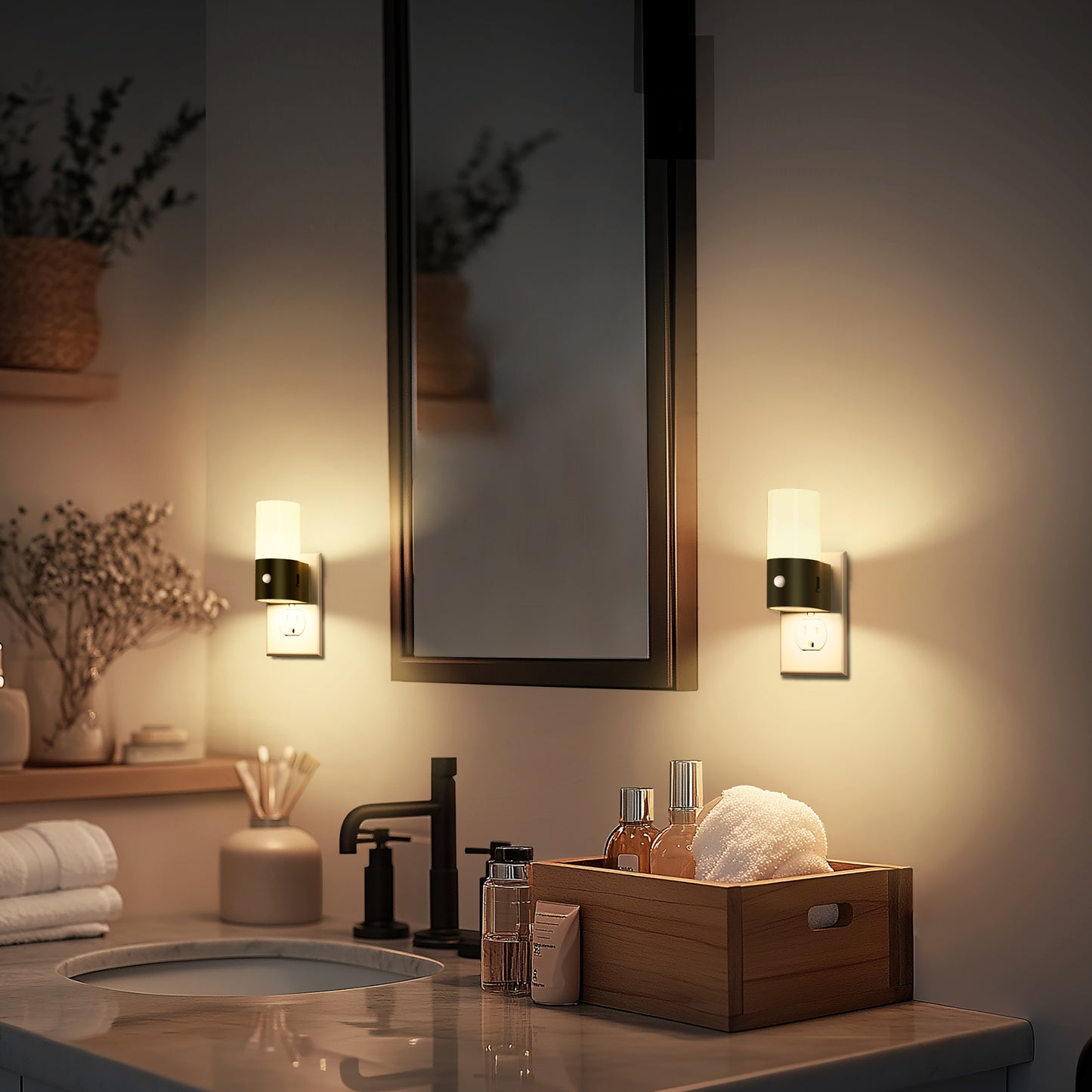 LED Motion Sensor Night Light Plug in 2-Pack, 100LM Dimmable, 3000K Soft White, Auto On/Off for Hallway, Bedroom