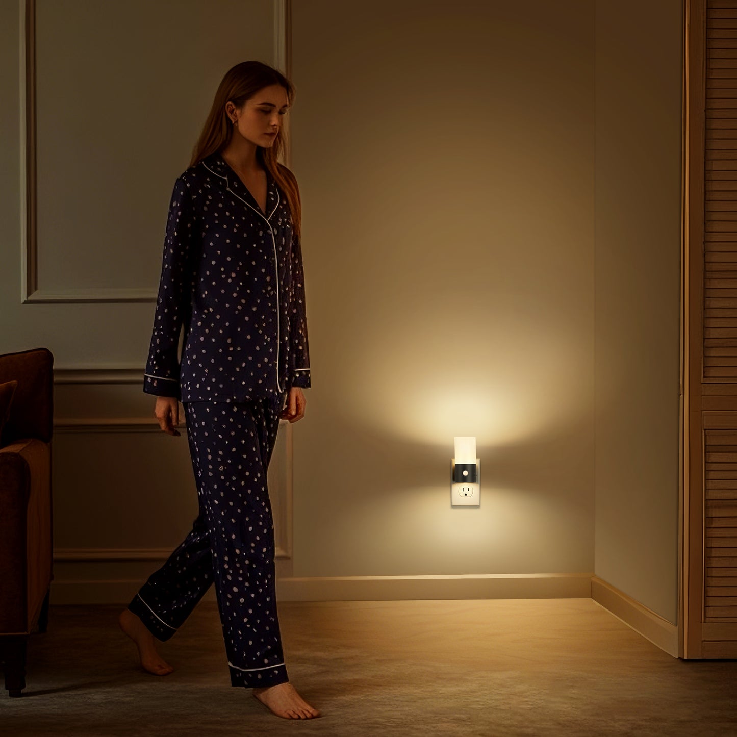 LED Motion Sensor Night Light Plug in 2-Pack, 100LM Dimmable, 3000K Soft White, Auto On/Off for Hallway, Bedroom