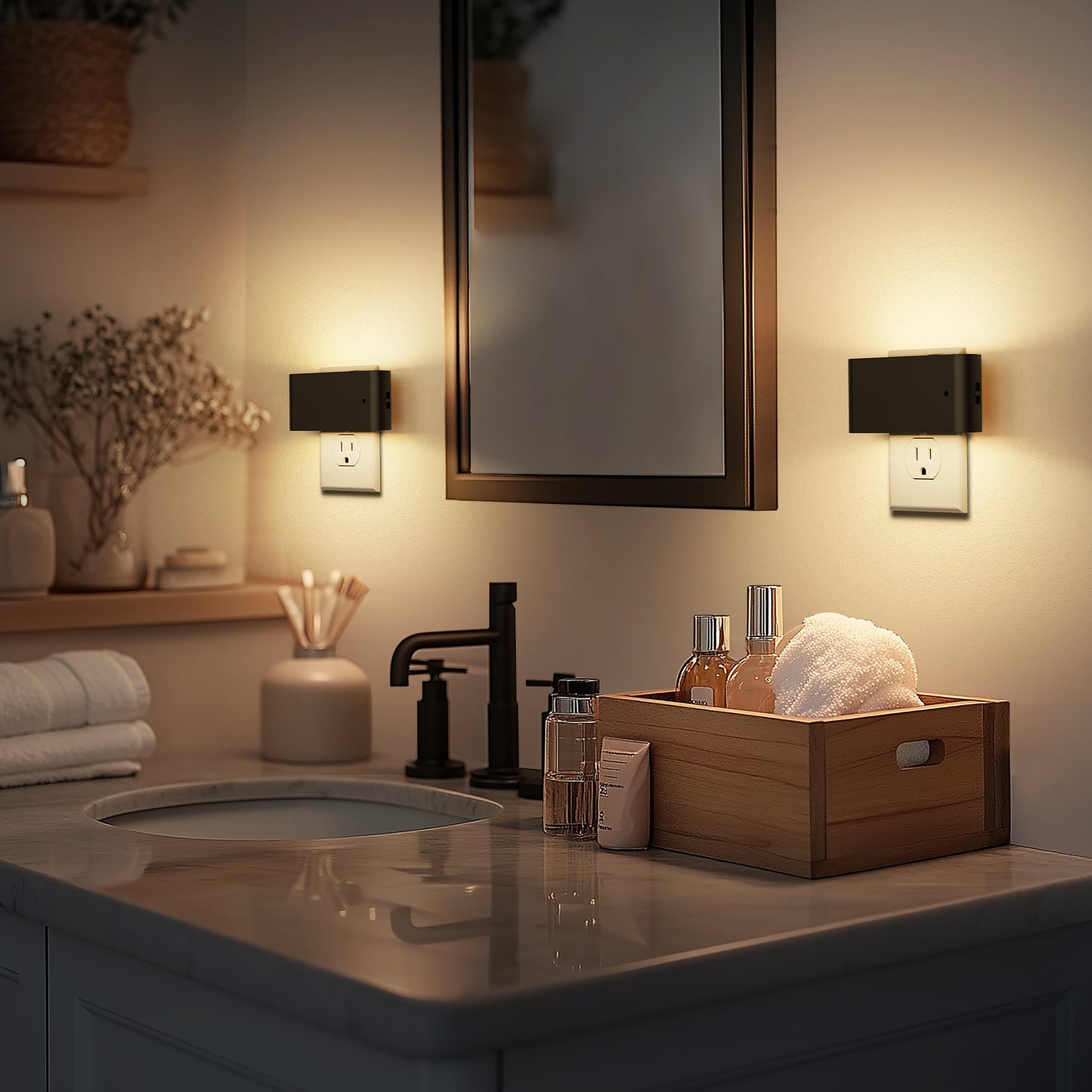 1-Light Black Dimmable LED Night Light Plug in with Dusk-to-Dawn Sensor, Soft White 3000K for Bedroom, Hallway 2 Pack