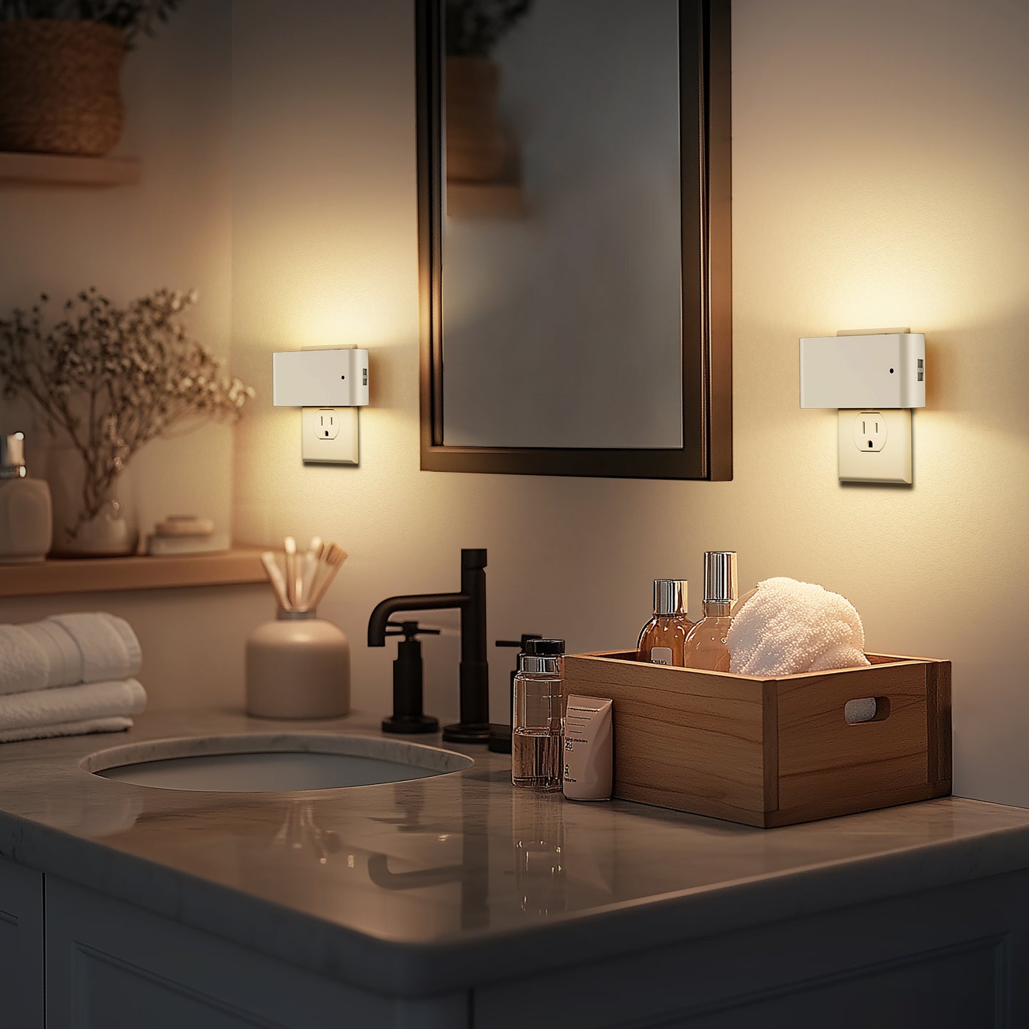 1-Light White Dimmable LED Night Light Plug in with Dusk-to-Dawn Sensor, Soft White 3000K for Bedroom, Hallway 2 Pack