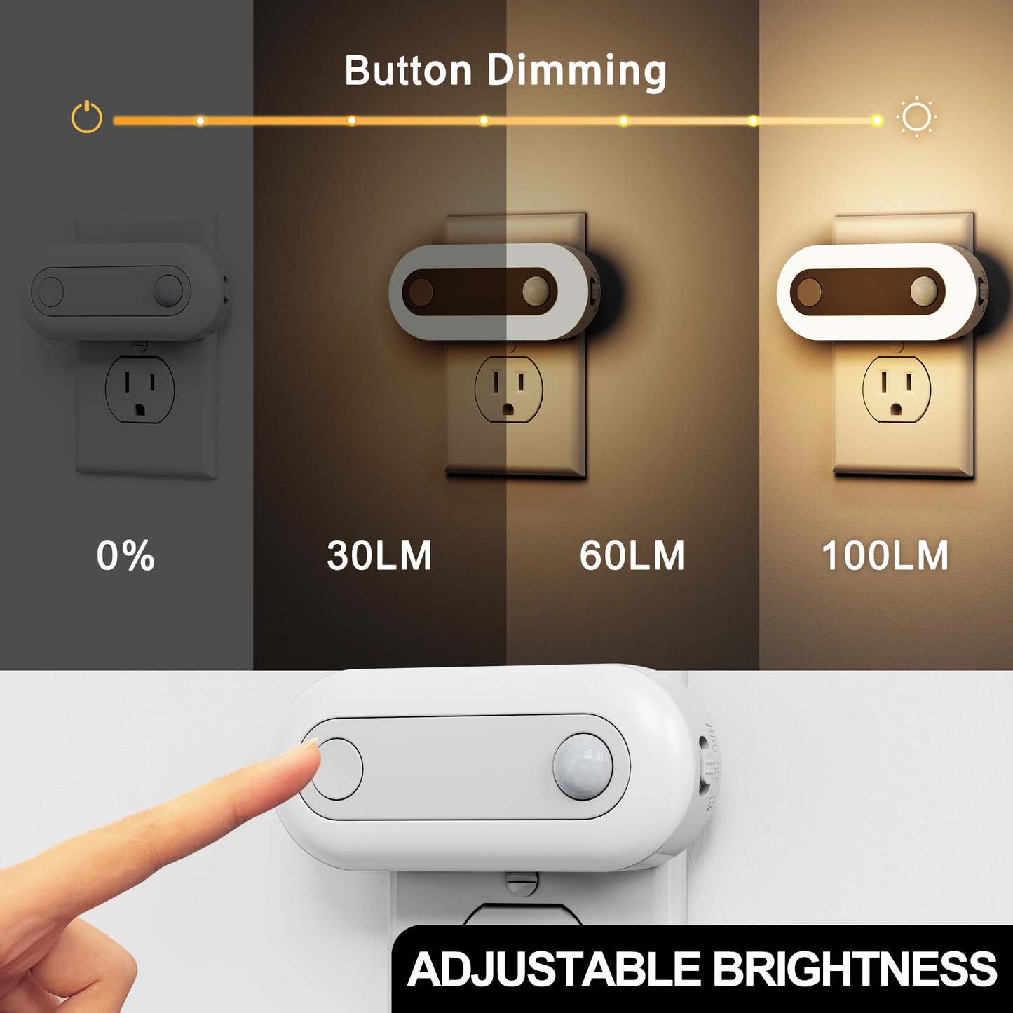 Motion Sensor Dusk to Dawn Night Light Plug in [2-Pack], Dimmable 30/60/100LM for Hallway, Bedroom, Kids Room