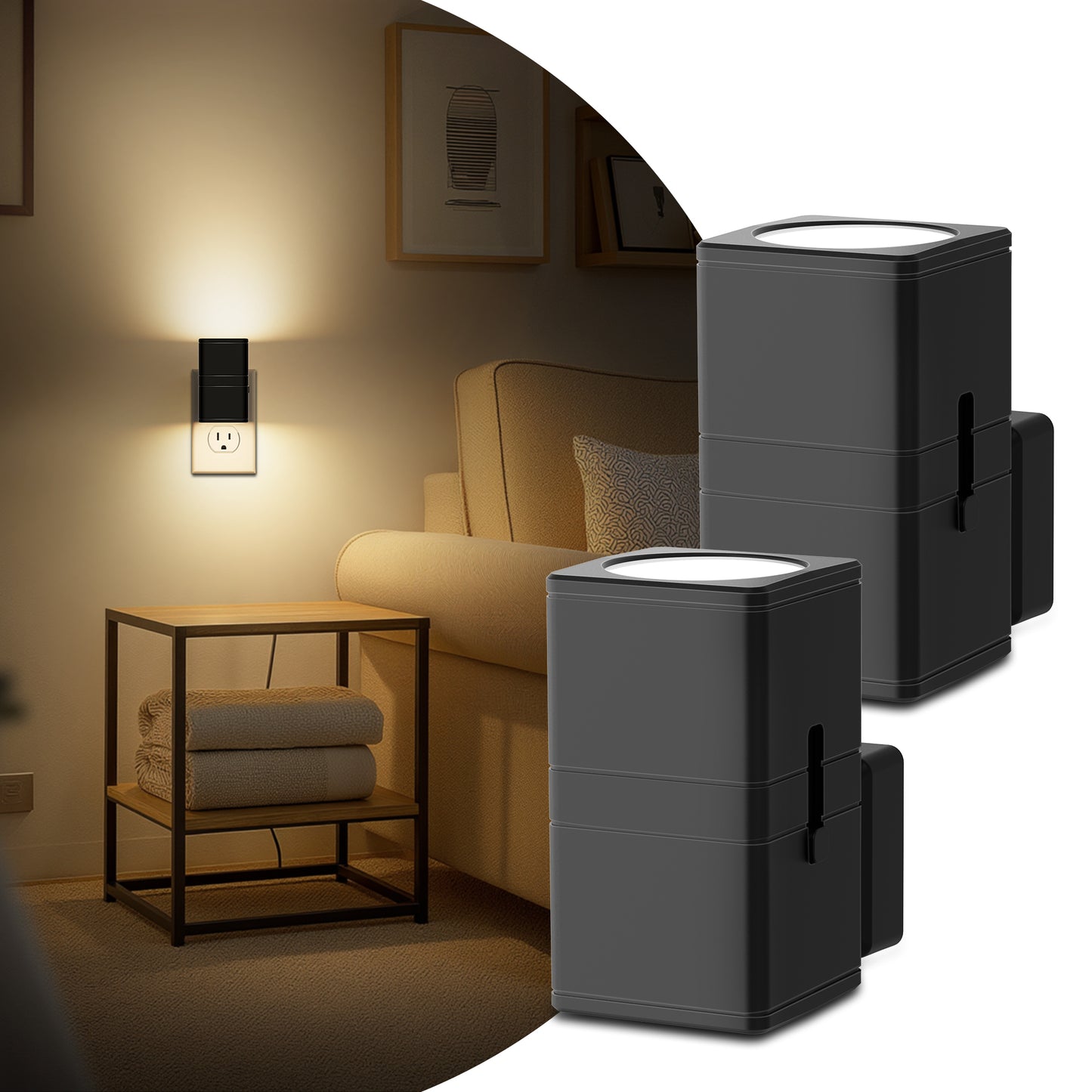 YANSUN 2-Pack 1W Black Plug-In Light-Control Night Lights, Square Cylinder Wall Lamp, Sliding Dimming, Warm 3000K