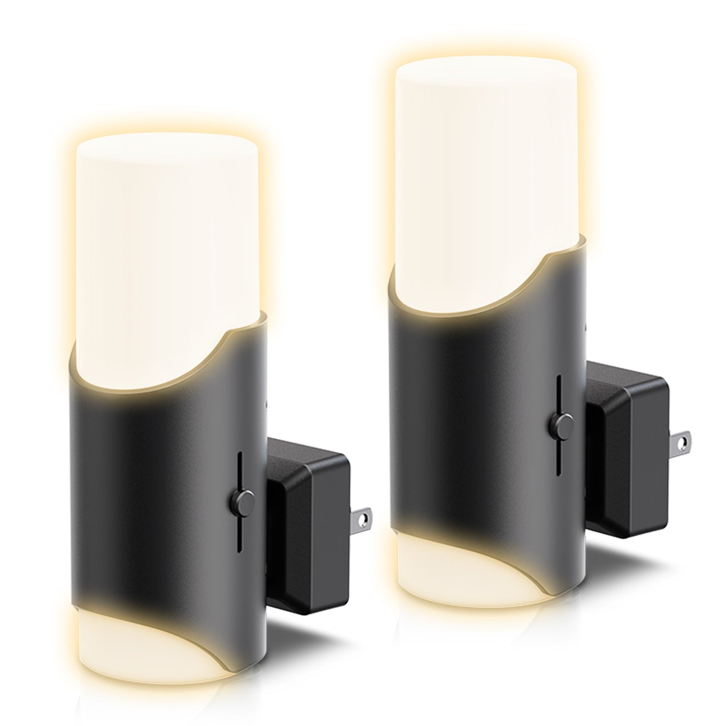 YANSUN 2-Pack 1W Black Plug-In Night Lights, Cylindrical Up-Down Wall Lamps with Frosted Long & Short Shades, Sliding Dimming, Warm 3000K