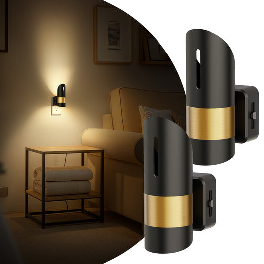 YANSUN 2-Pack 1W Black Plug-In Bamboo Hollow Cylinder Night Lights with Gold-Tone Belt, Warm 3000K Dimmable, US Plug
